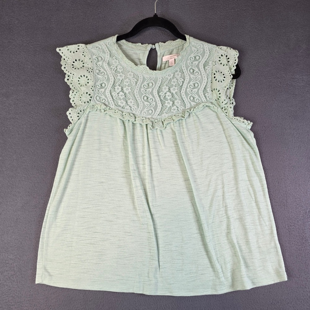 LC Lauren Conrad Blouse Women Large Mint Green Lace Eyelet Sleeveless Top